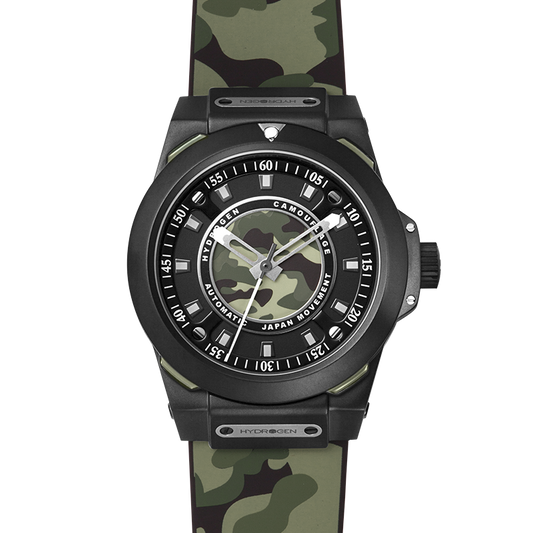 Watch with camouflage strap and face on a white background