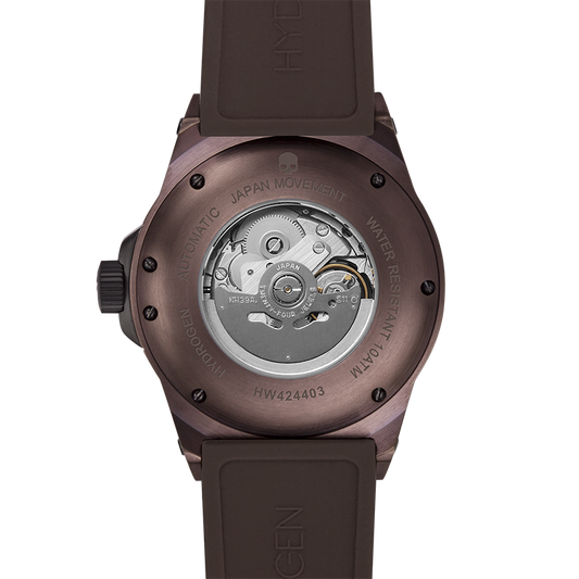 Back view of a brown watch with visible mechanical components on a white background