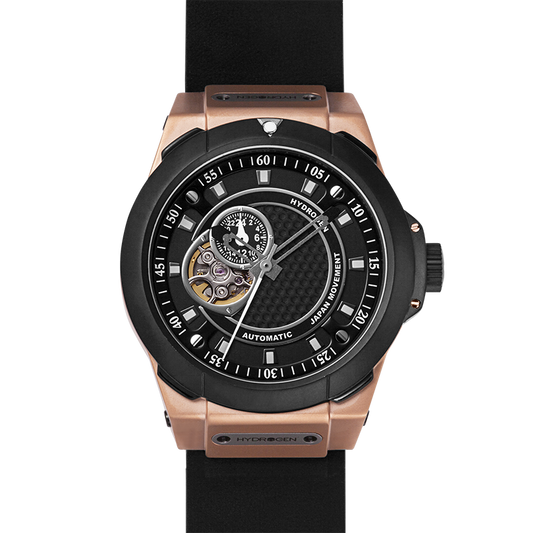 Luxury watch with black face and rose gold case on a white background