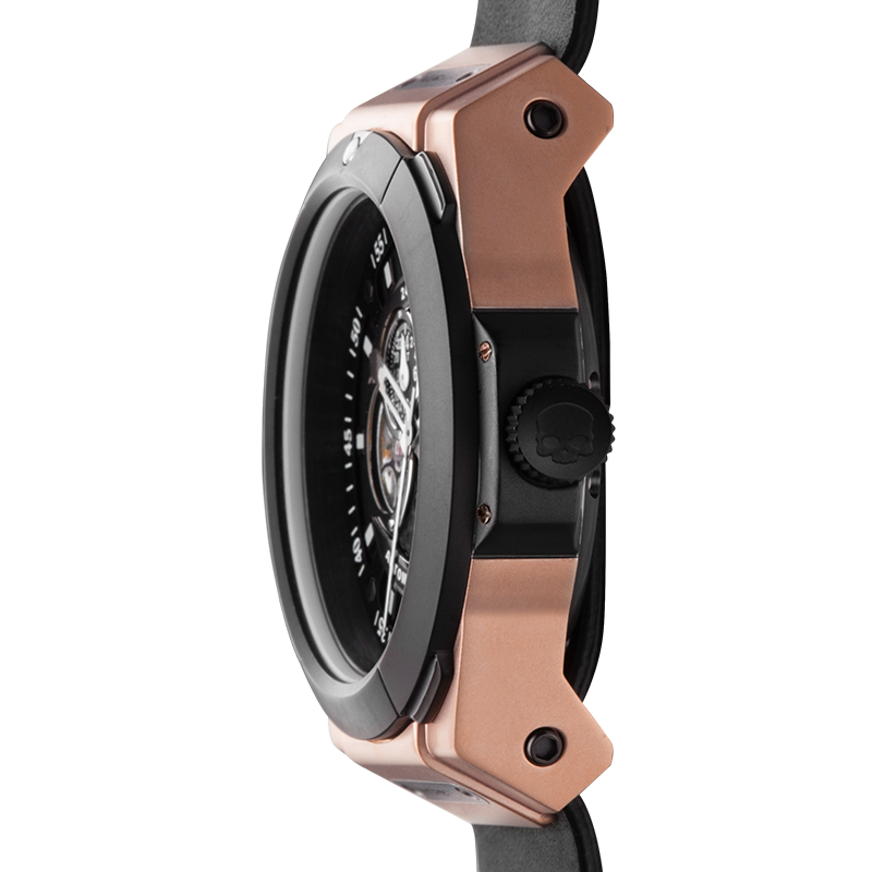 Close-up of a rose gold and black watch with a white background