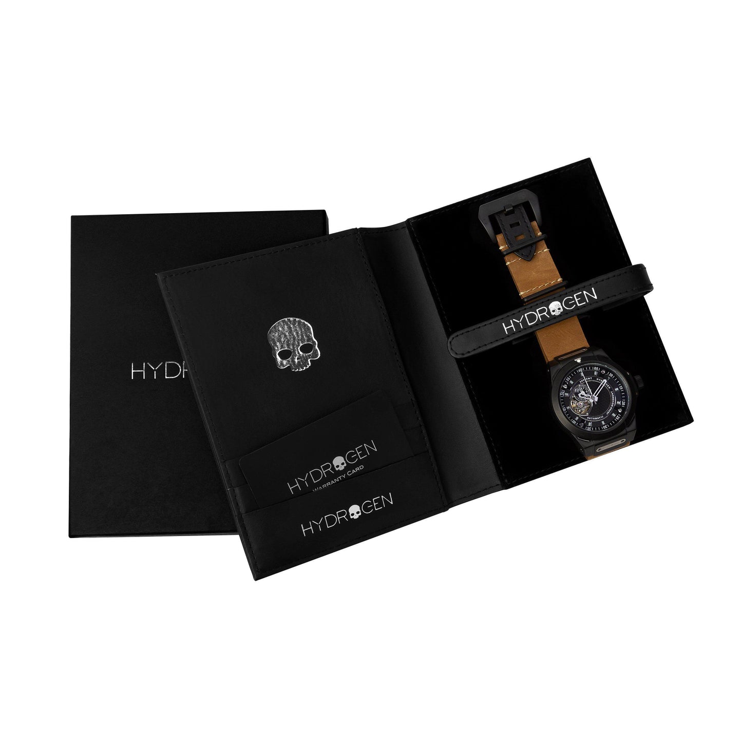 Black Hydrogen watch box with a watch and skull charm on a white background