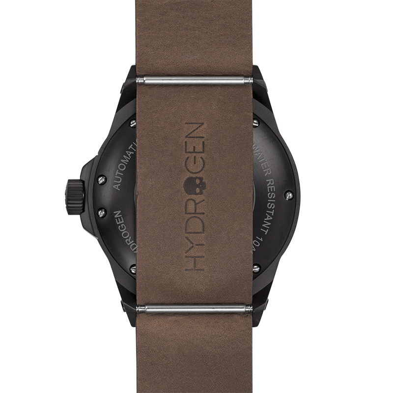 Watch with brown strap and black case on a white background