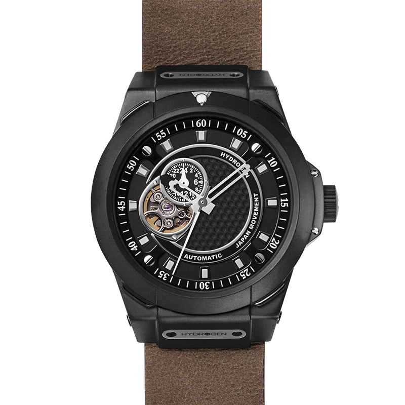 Black watch with brown strap on a white background