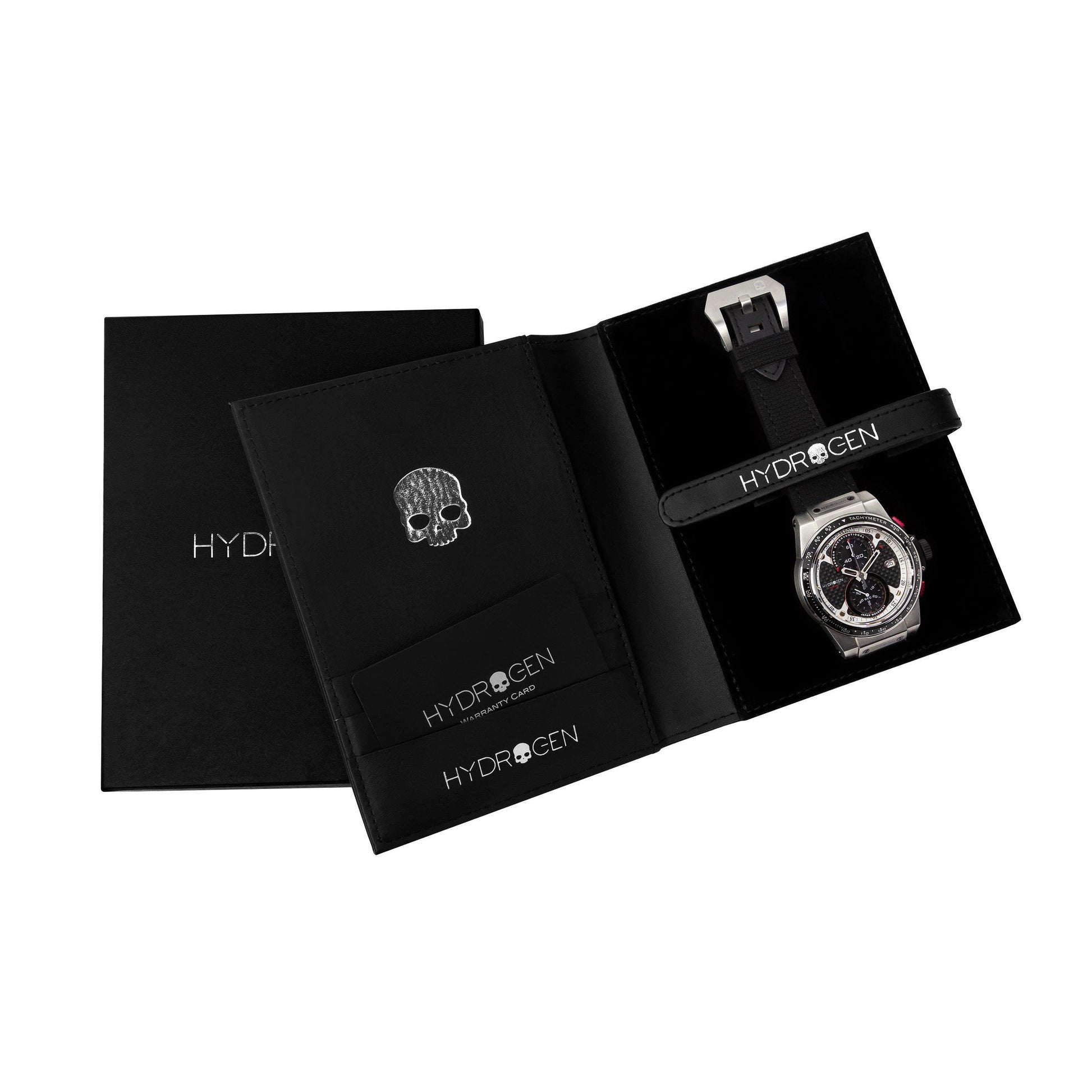 Black Hydrogen watch box with a watch and skull-shaped pendant inside