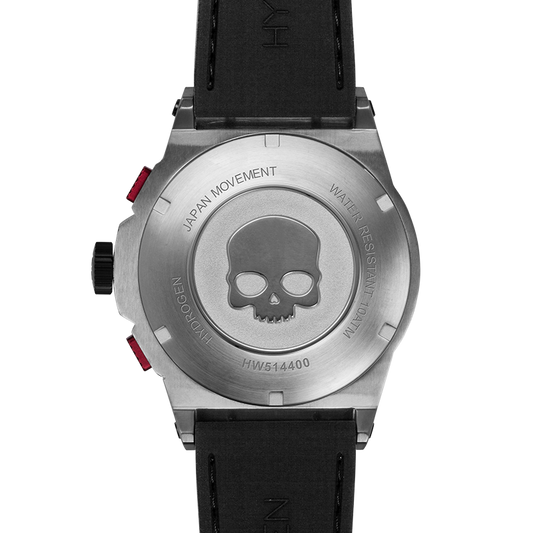 Watch case with skull design and brand logo on a white background