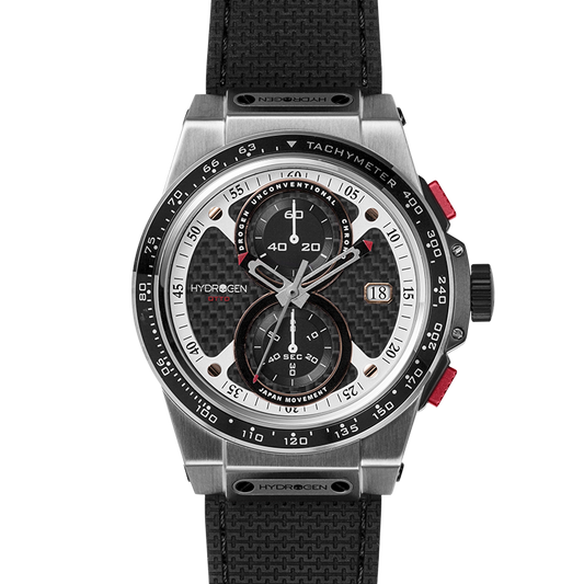Hydrogen watch with black strap and silver case on a white background