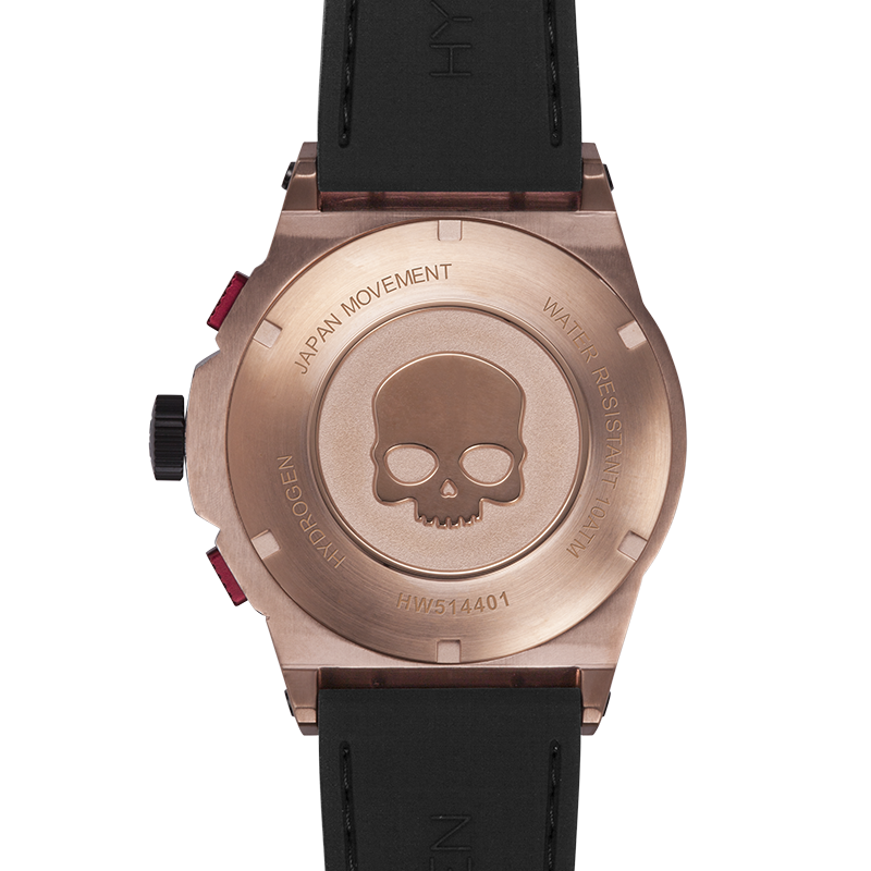 Watch back with skull design and 'Japan Movement' text on a white background