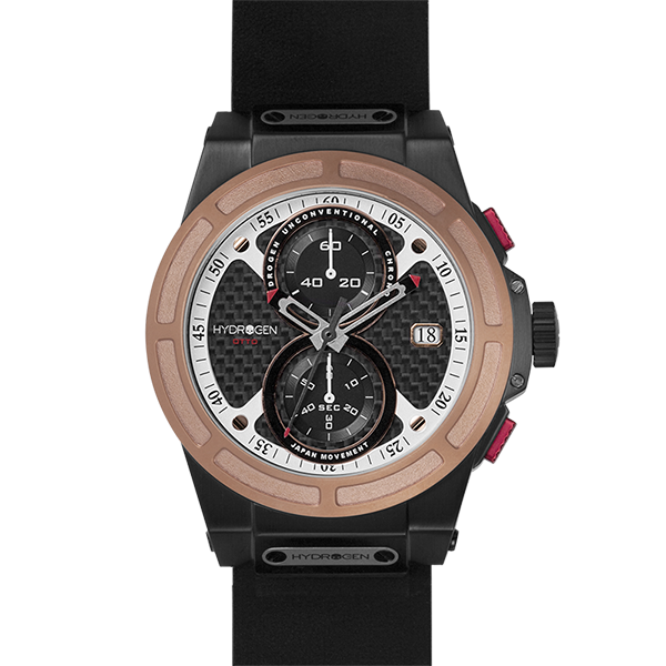 Hydrogen watch with brown bezel and black strap on white background