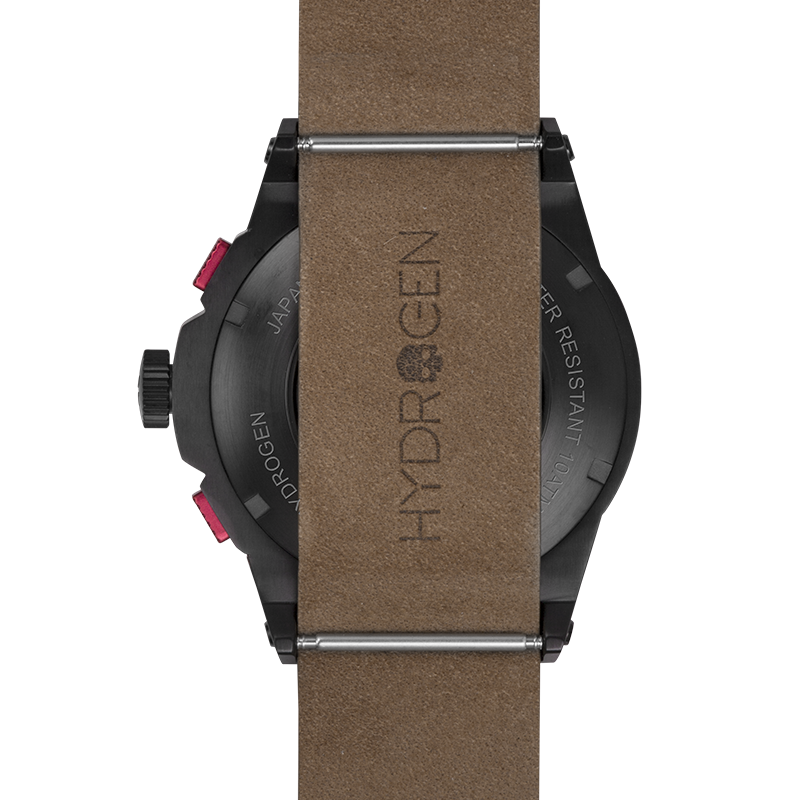Watch with brown strap and black case on a white background