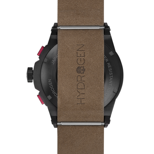 Watch with brown strap and black case on a white background