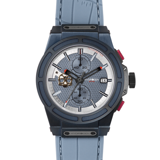Blue wristwatch with a detailed face on a white background