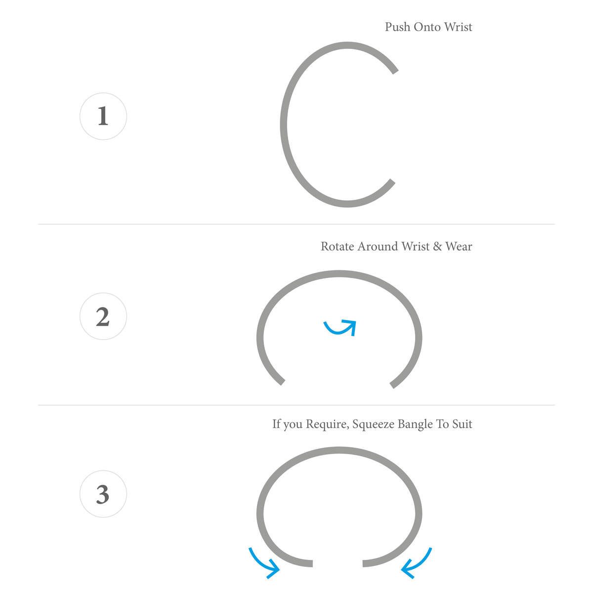 Instructions for wearing a bangle on a white background