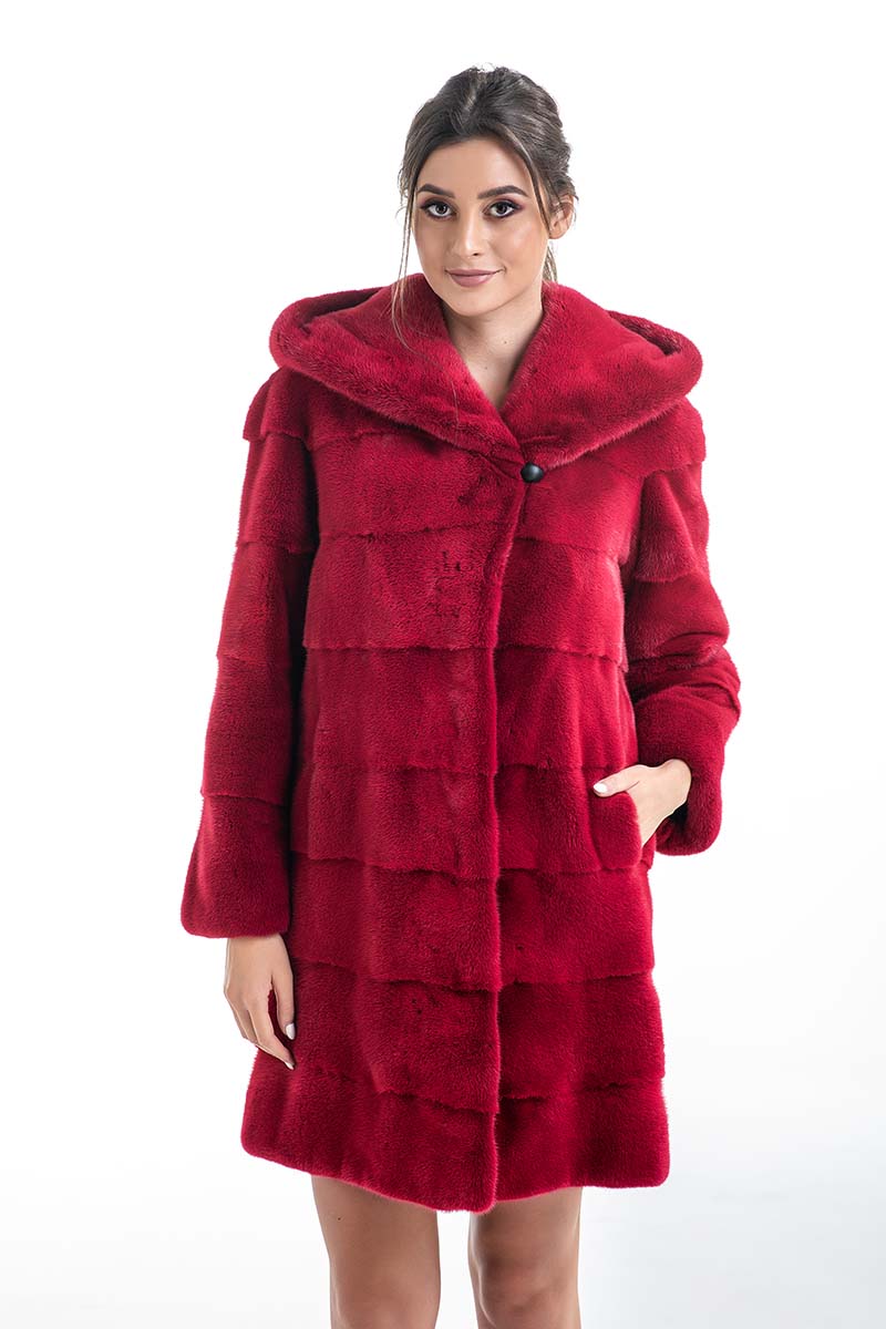Red Mink Fur Hooded Coat - Midi Length Luxury
