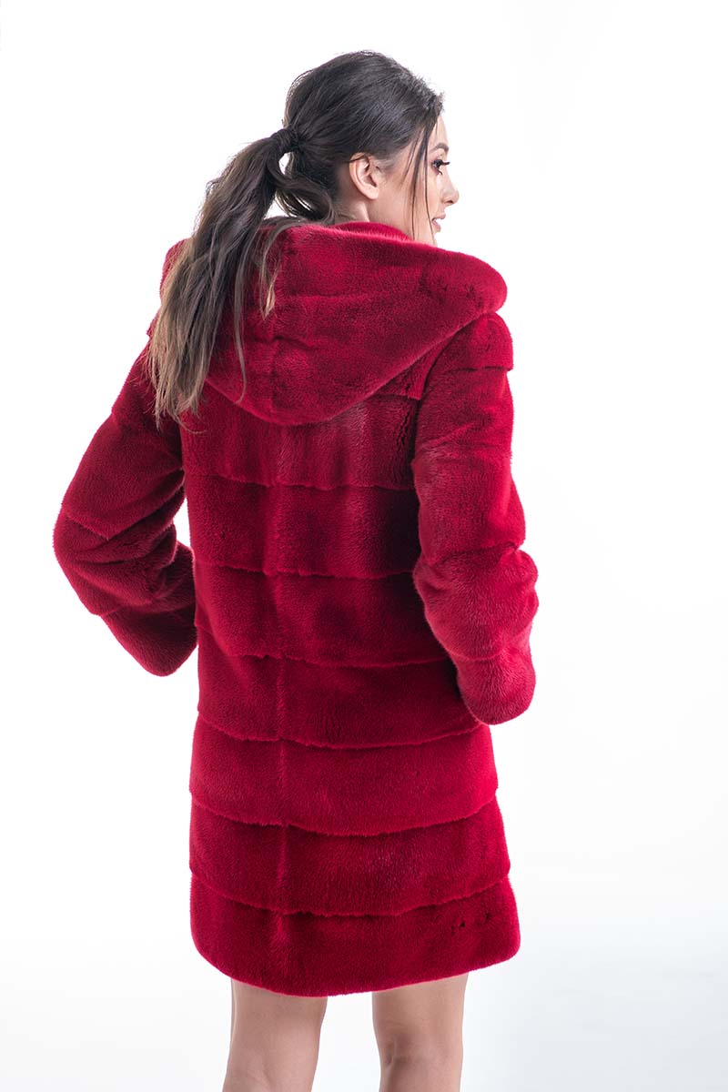 Red Mink Fur Hooded Coat - Midi Length Luxury