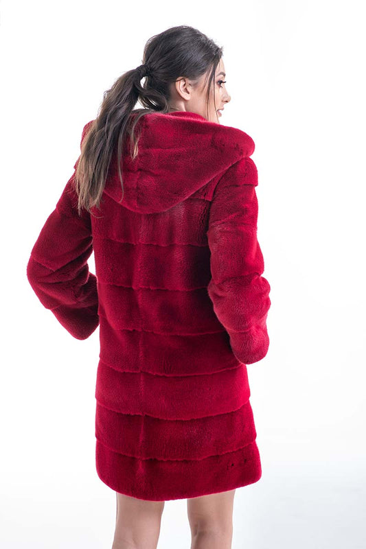 Red Mink Fur Hooded Coat - Midi Length Luxury