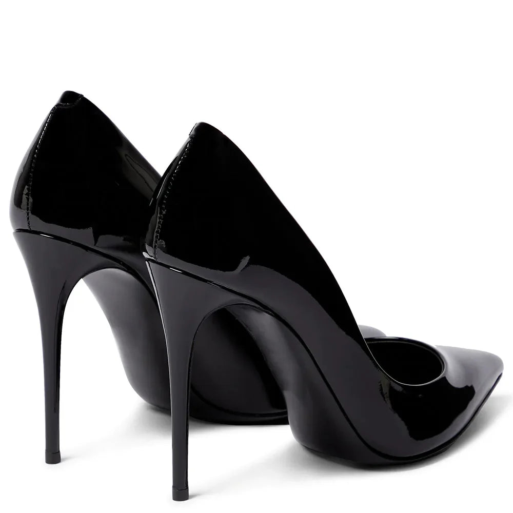 Black high-heeled shoes on a white background