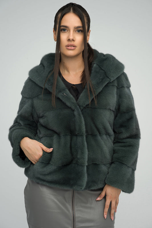 Olive Hooded Mink Fur Coat - Genuine Luxury