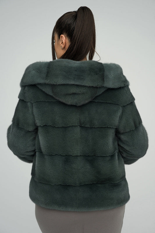 Olive Hooded Mink Fur Coat - Genuine Luxury