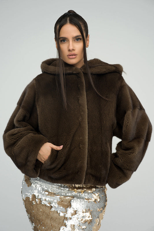 Brown Hooded Mink Fur Coat - Luxury Full Length