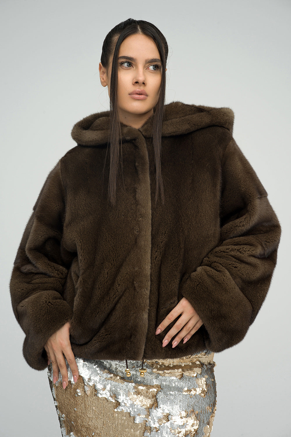 Brown Hooded Mink Fur Coat - Luxury Full Length