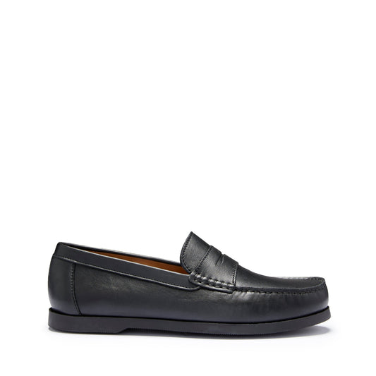 Men's Black Leather Boat Loafers - Penny Style