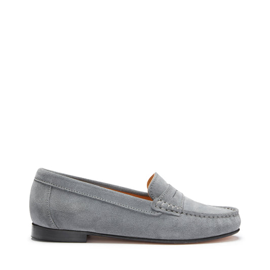 Gray suede loafer on a white background