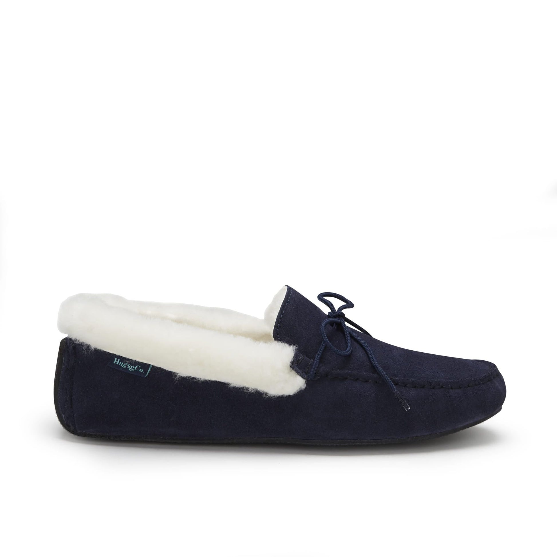 Navy slipper with white fur lining on a white background