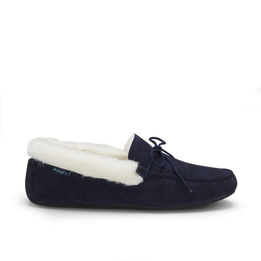 Navy slipper with white fur lining on a white background