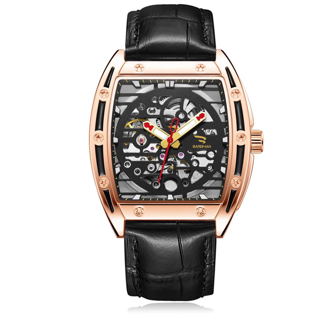 Luxury watch with black leather strap and rose gold case on white background