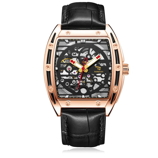 Luxury watch with black leather strap and rose gold case on white background