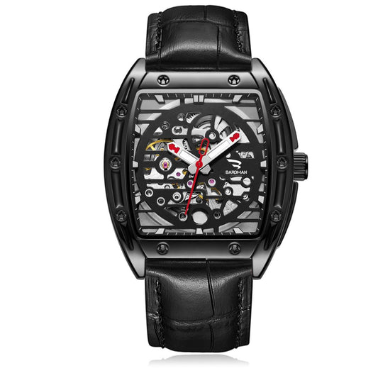 Black wristwatch with a transparent face on a white background