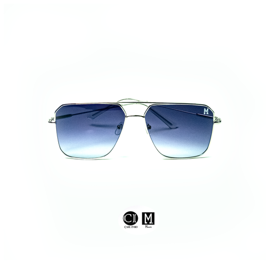 Sunglasses with blue gradient lenses on a white background