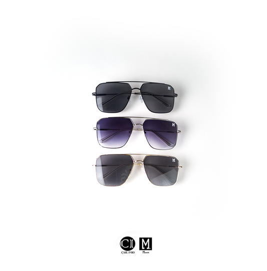 Three pairs of sunglasses with different color lenses on a white background, featuring the brand 'CIM'.
