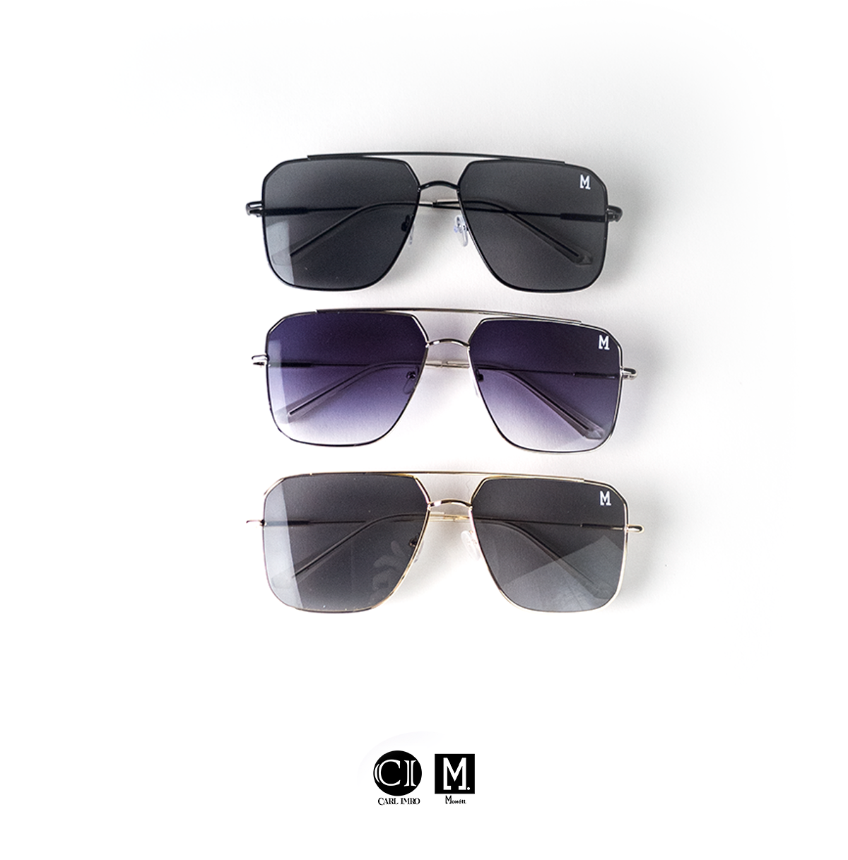 Three pairs of sunglasses with a brand logo on a white background