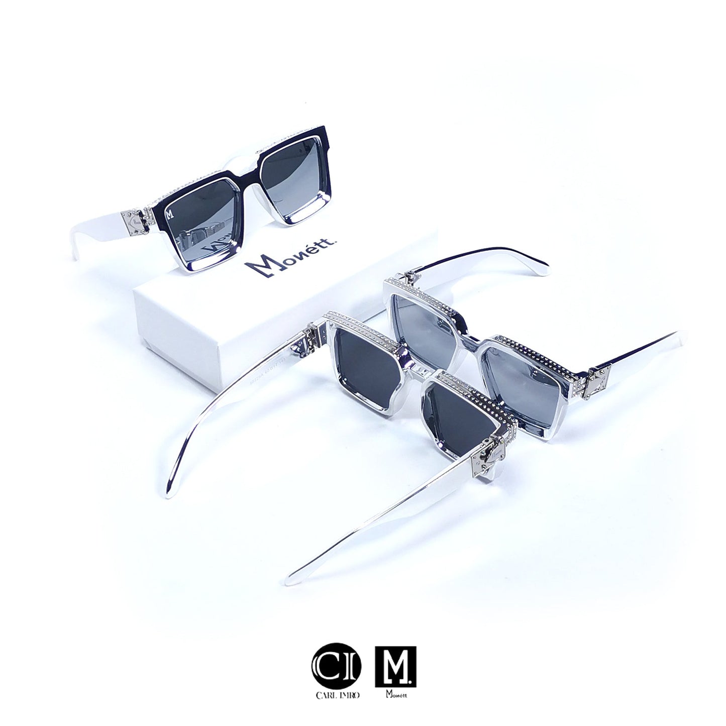 Sunglasses with a brand logo on a white background