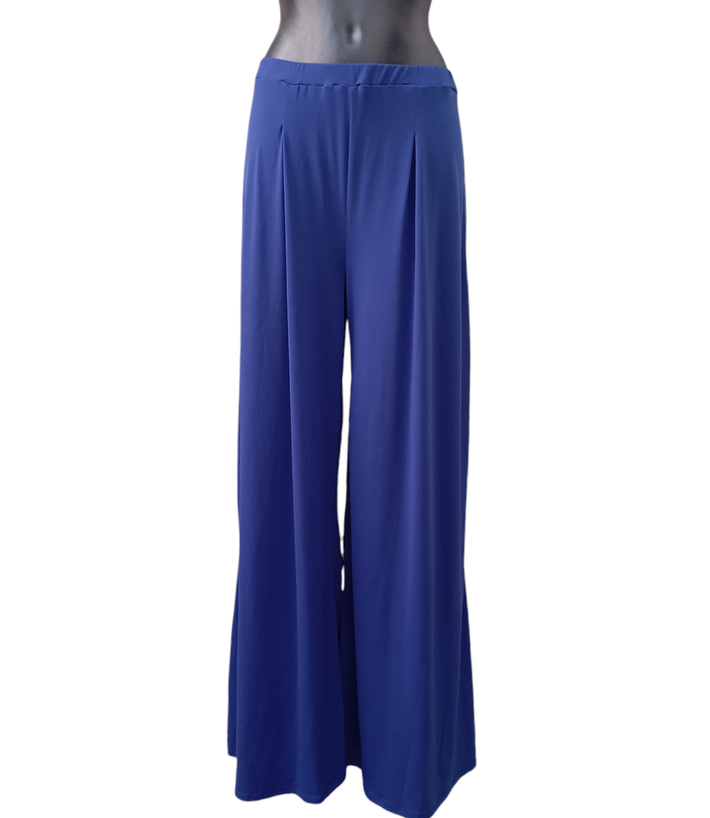 Blue wide-leg pants on a mannequin against a white background