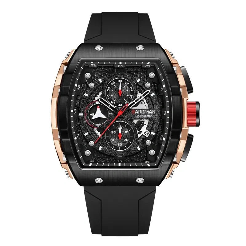 Luxury watch with black strap and detailed face on a white background