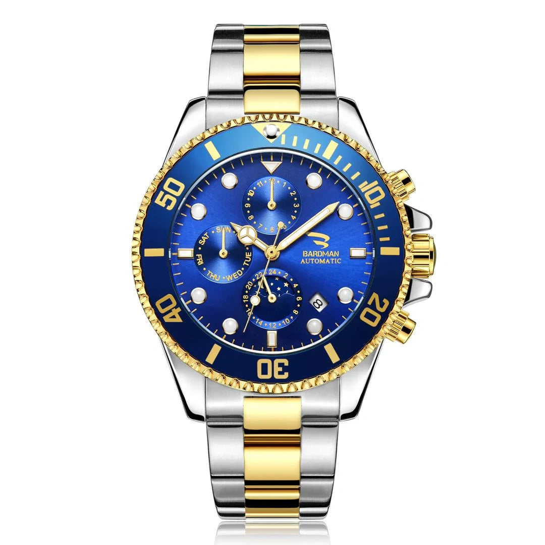 Luxury watch with blue face, gold and silver accents on a white background