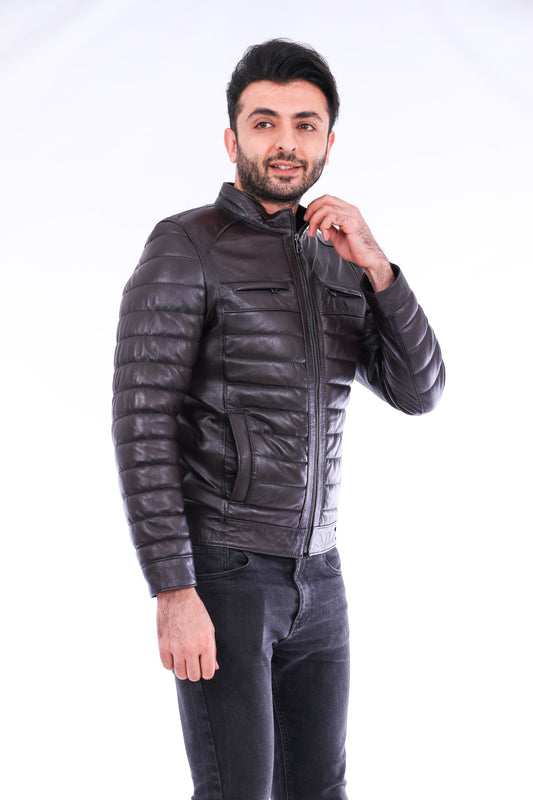 Man wearing a black leather jacket on a white background