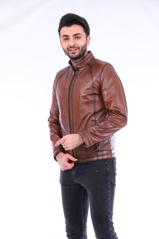 Man wearing a brown leather jacket on a white background