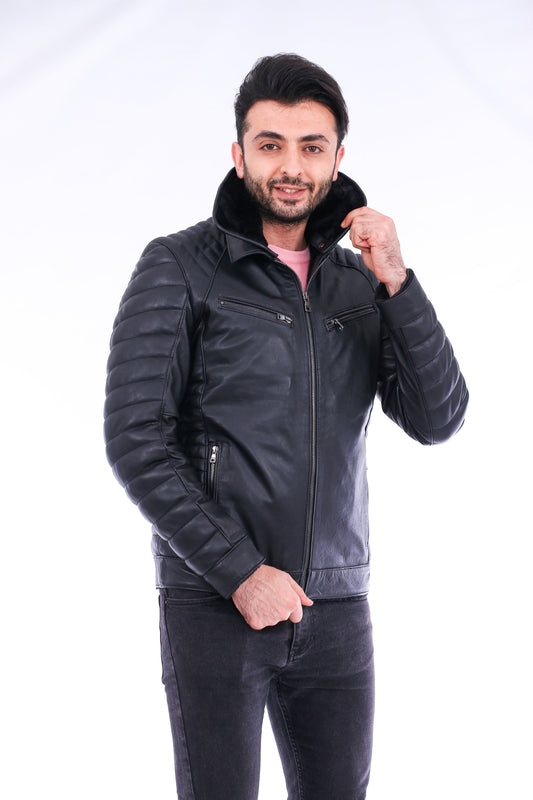 Man wearing a black leather jacket on a white background
