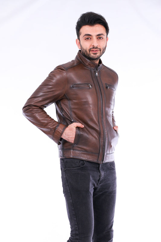 Man wearing a brown leather jacket on a white background