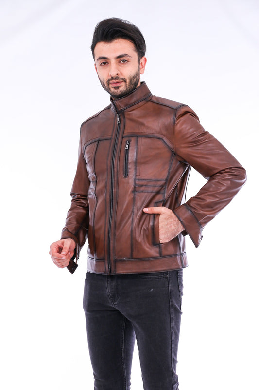Man wearing a brown leather jacket on a white background