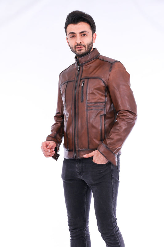 Man wearing a brown leather jacket on a white background