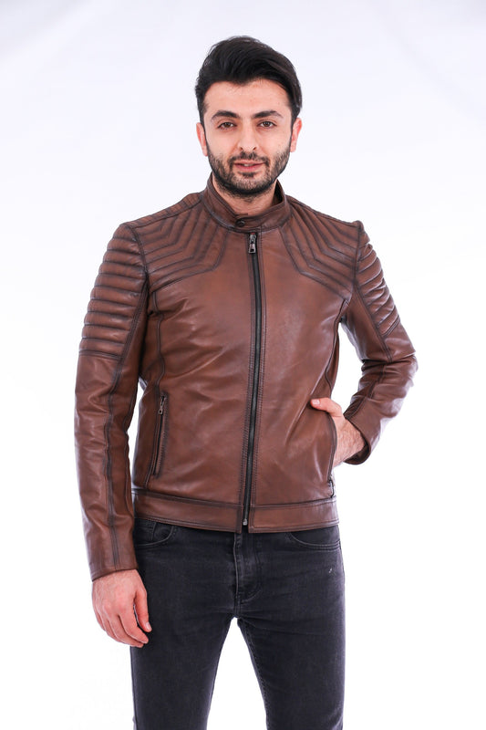 Man wearing a brown leather jacket on a white background