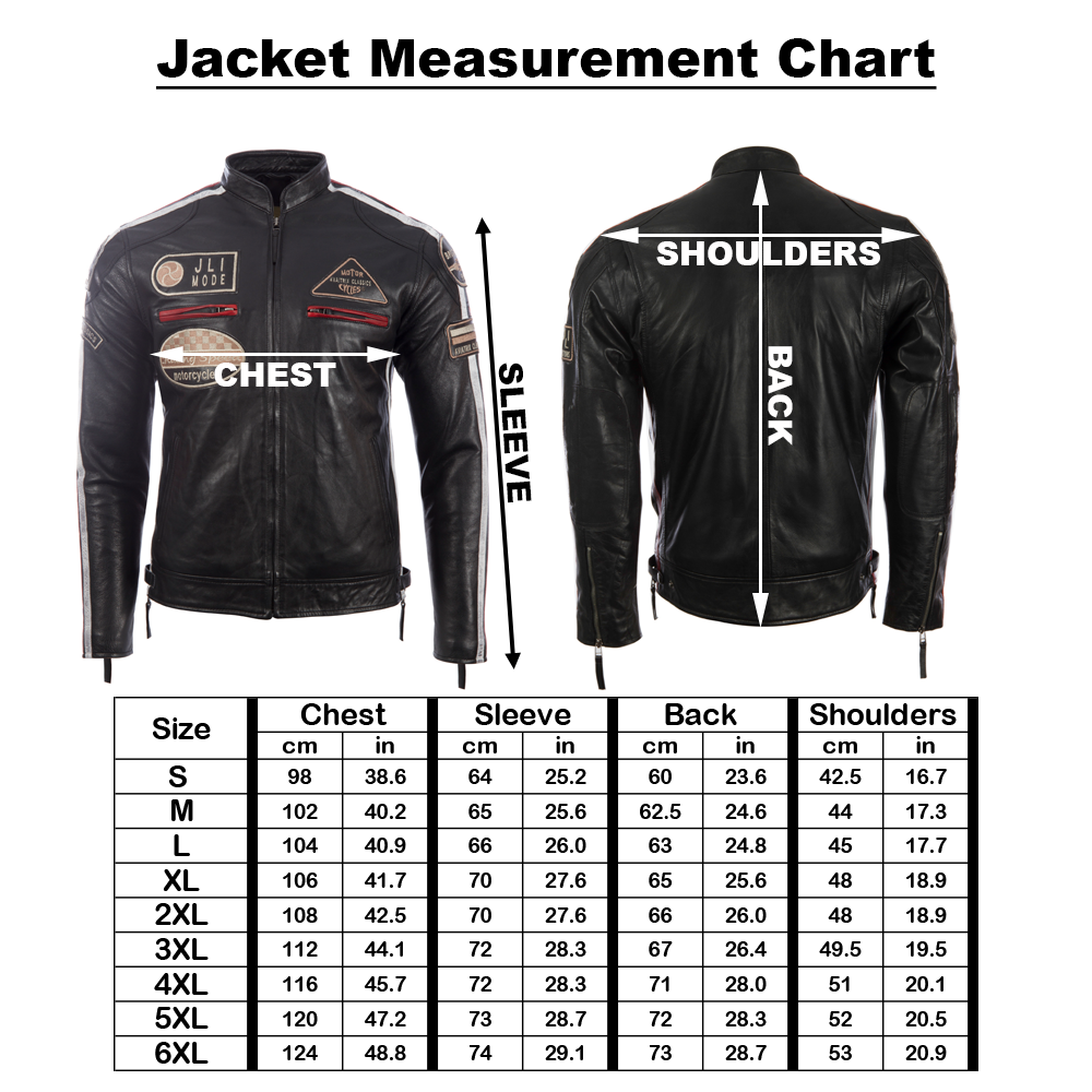 Measurement chart for a black leather jacket with labeled parts and size chart.