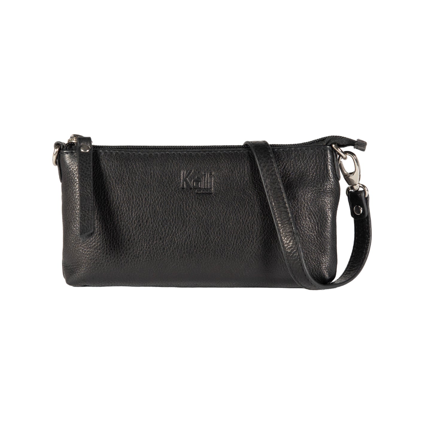 Black leather crossbody bag on a white background
