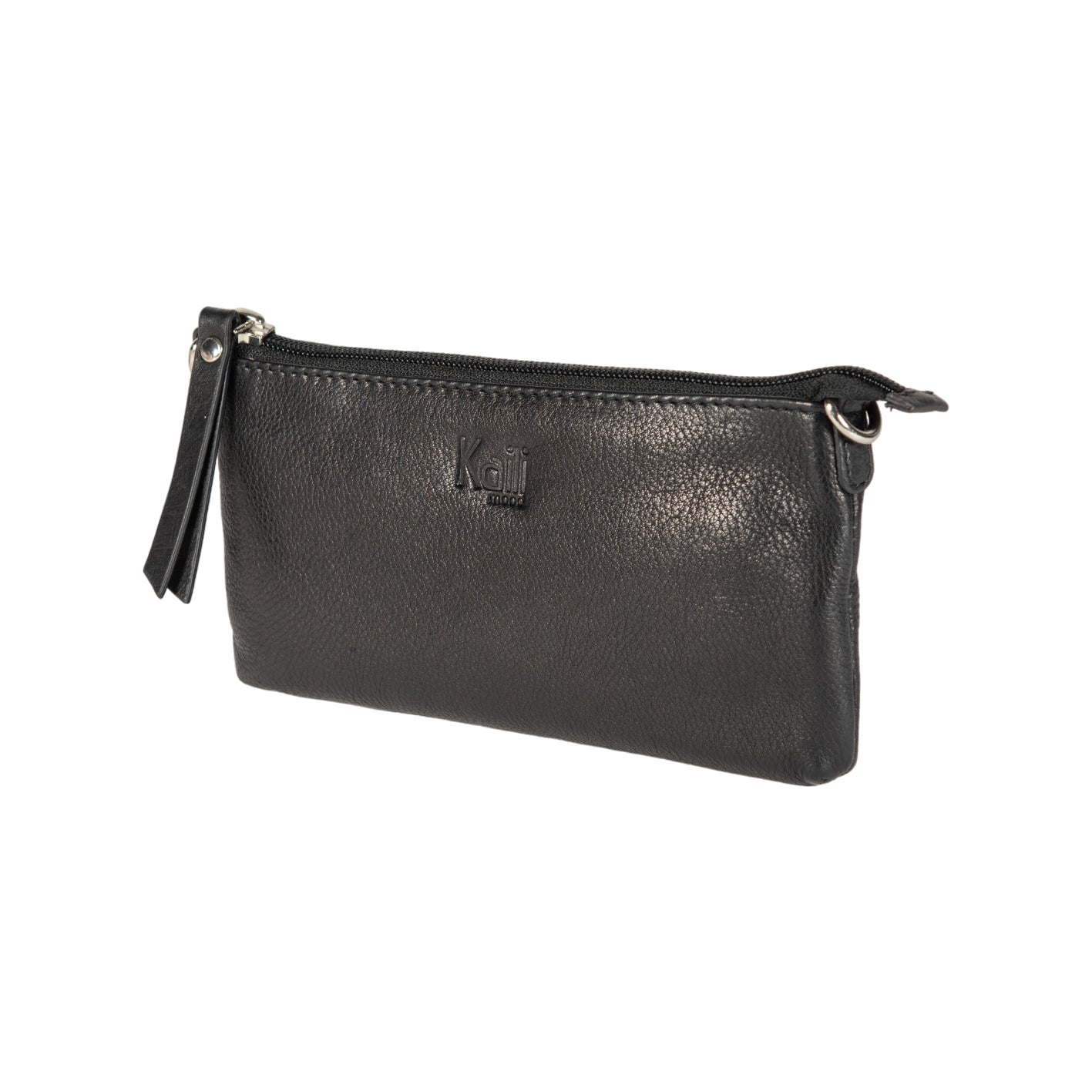 Black leather clutch bag with a strap on a white background