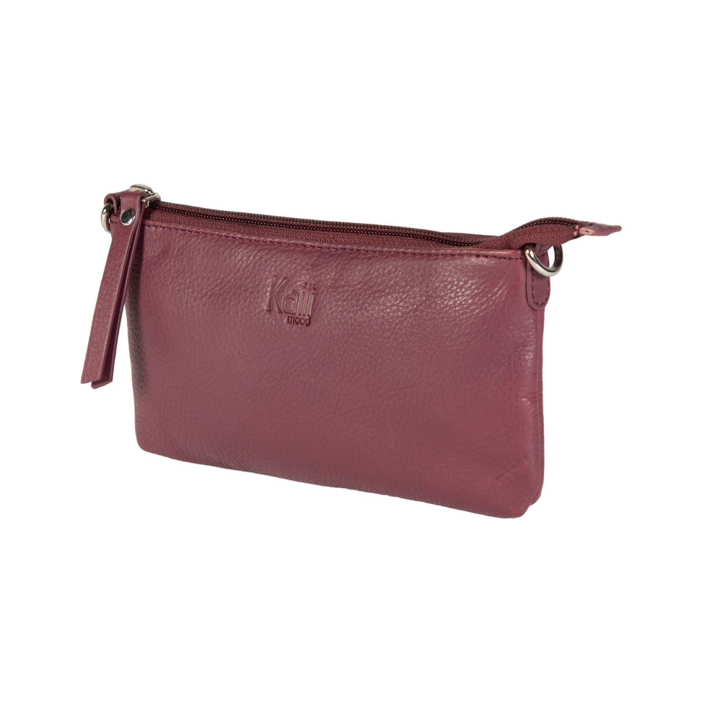 Maroon leather handbag with a strap on a white background