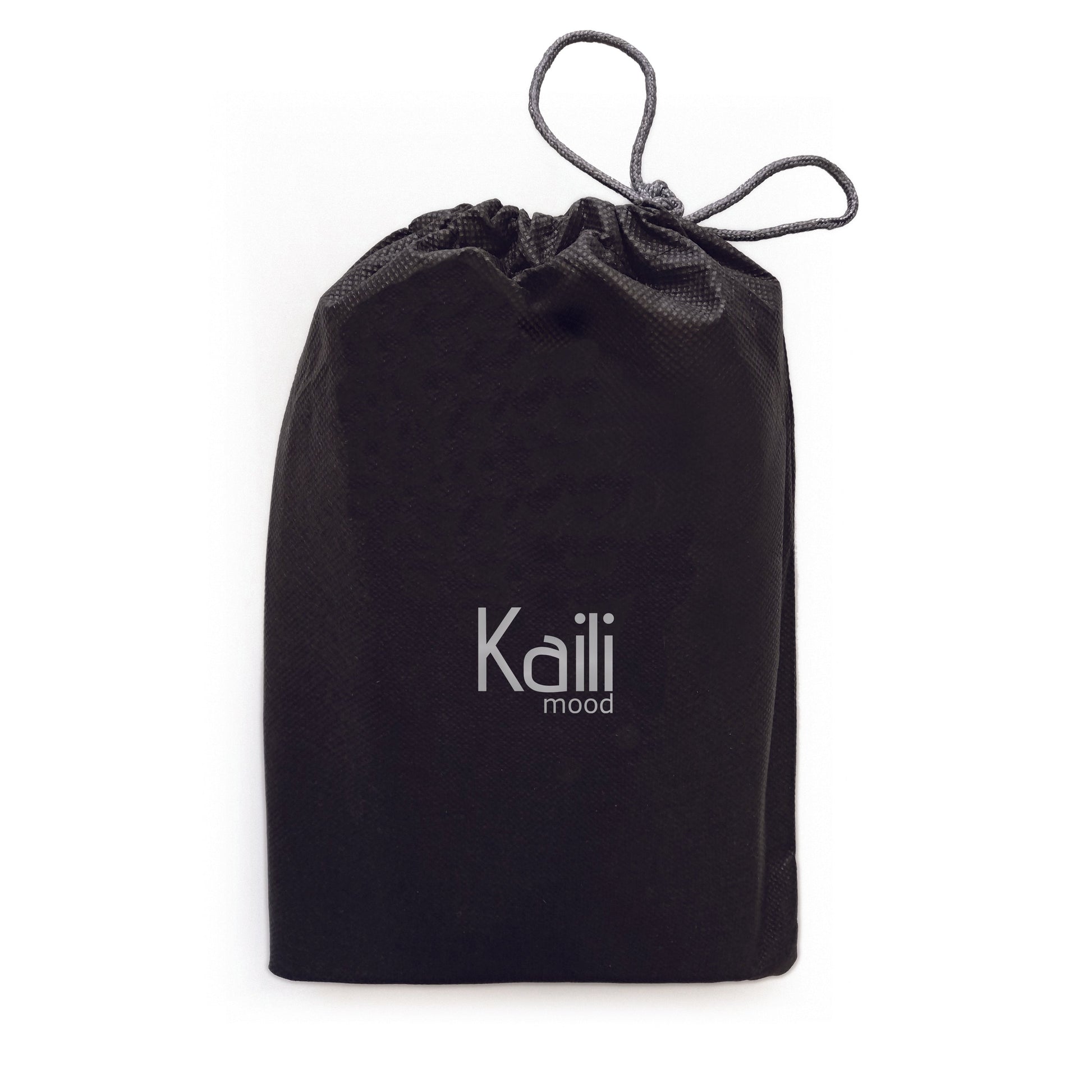 Black drawstring bag with 'Kaili mood' logo on a white background